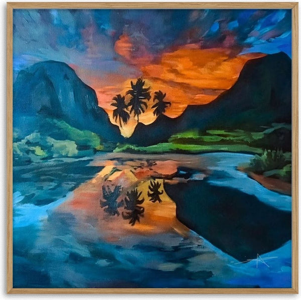 Sunset Reflection by Ammar - an orange sunset and palm trees mirrored in a dark blue lake