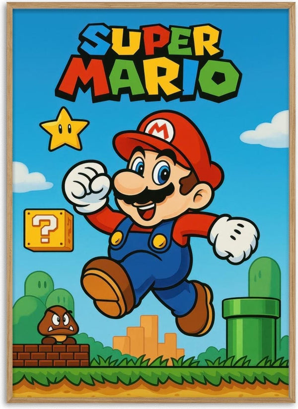 Colorful Super Mario poster featuring Mario jumping with a star, question box, Goomba, and green pipe in the background.