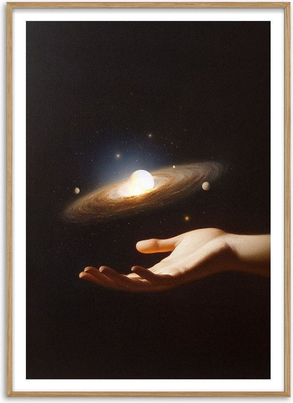 Supernova by Fran Rodriguez - an open hand holding a spiral galaxy with a burning white core