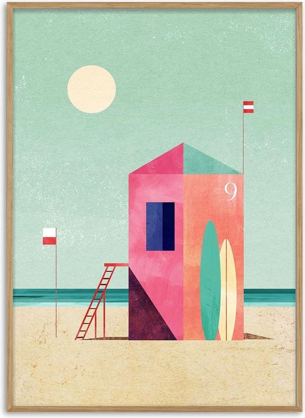 Colorful surf hut with a surfboard on sandy beach, under sun and flags, by Henry Rivers.