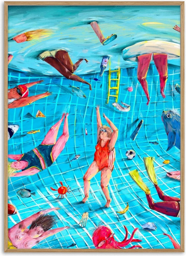 Surreal Pool Fun by Natascha Baumgärtner – swimmers, fish and floating objects in a tilted turquoise pool