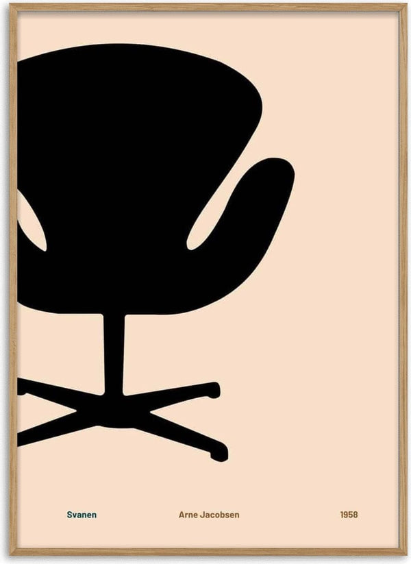 Minimalist poster of Arne Jacobsen’s Swan chair in black silhouette on a beige background, ideal for living room decor.