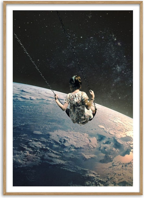 Swing by Fran Rodriguez - a girl on a swing above the curve of the Earth in starry space