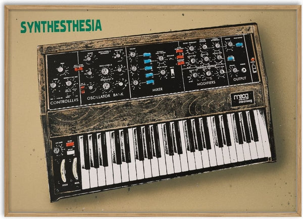 Synthesthesia by Carl Smith ART - a classic Minimoog synthesiser with blue and red switches