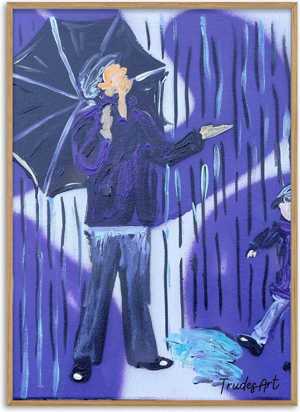 Tanz durch den Regen by Trude - a man under a black umbrella walking through purple rain