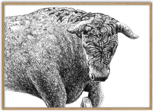 Taurus by Designus - bull with curved horns drawn in scribbled black ink on white
