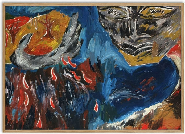 Tears of Gaia by Will Black - a grey and ochre face with red teardrops falling through blue