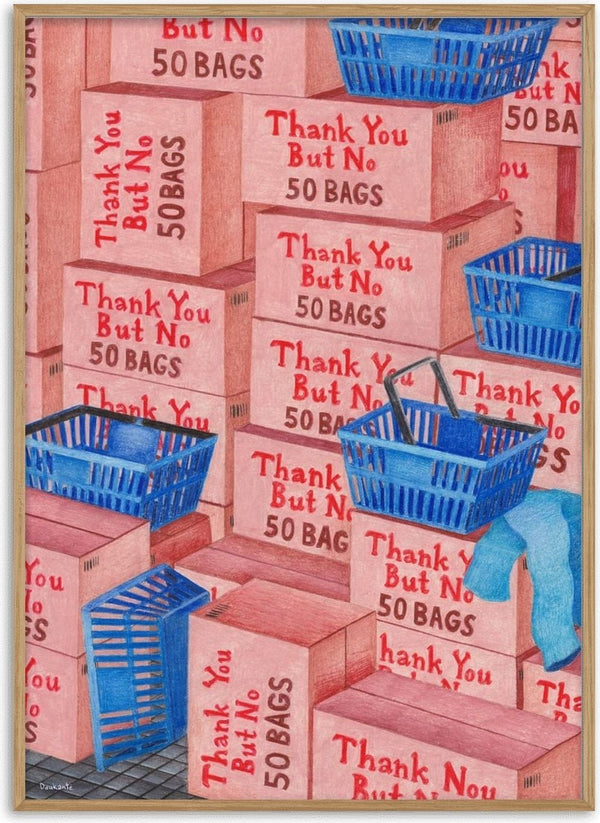 Thank you but NO, 50 Bags by Daukantė - pink boxes stamped Thank You But No 50 Bags with blue baskets