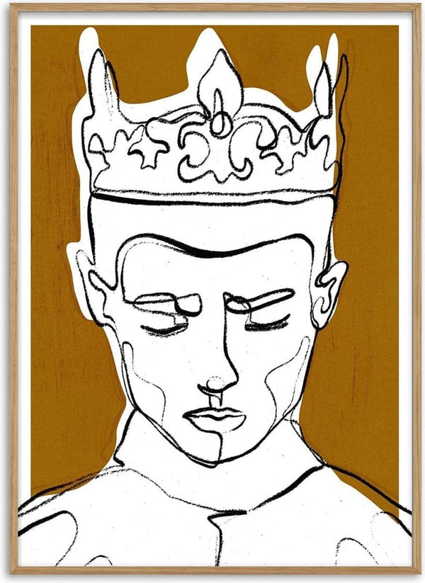 Abstract line drawing of a crowned figure with closed eyes on a golden background for The Decision - Treechild.