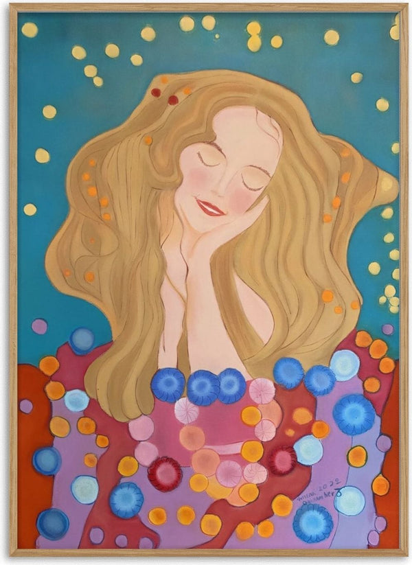 The dreamer by Gerard Ceulemans - smiling woman with long golden hair and closed eyes in a flowered shawl on a teal background