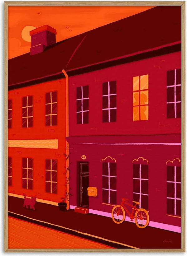 Digital artwork of a red-toned street with buildings, windows aglow, and a bicycle outside; from The Embrace of Light.