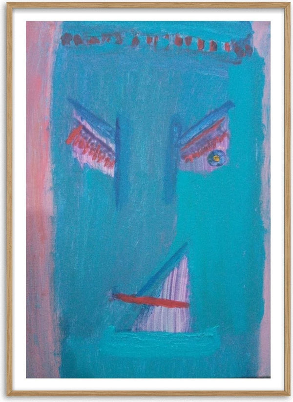 The Joy - De Vreugde by Motaz Nader - a turquoise face with red brows and mouth in thin dry strokes