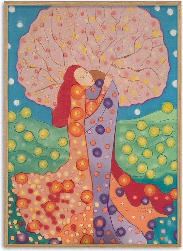 The Kiss by Gerard Ceulemans - pastel drawing of an embracing couple in patterned robes beneath a pink blossom tree