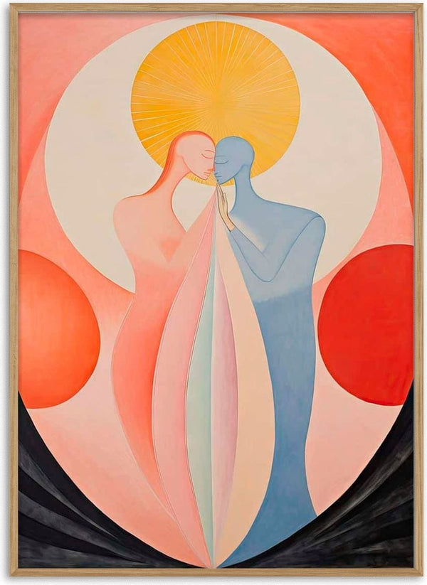 Abstract art of two figures in soft pink and blue sharing a kiss, surrounded by radiant circles and flowing shapes.