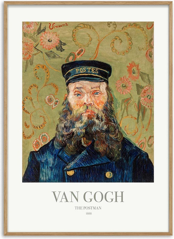 Van Gogh's "The Postman" painting featuring a bearded man in uniform with floral background.