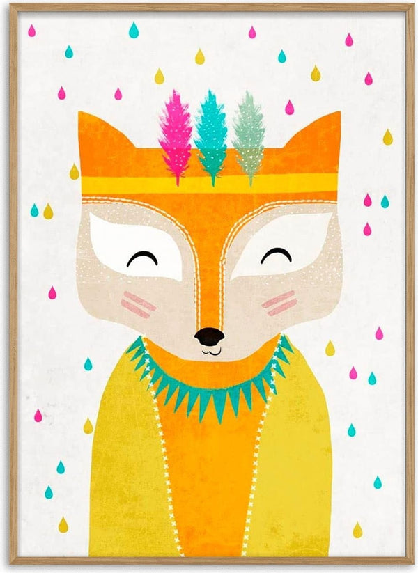 Smiling fox in a yellow outfit with colorful feathers and raindrops, featured on The Rainmaker product page.