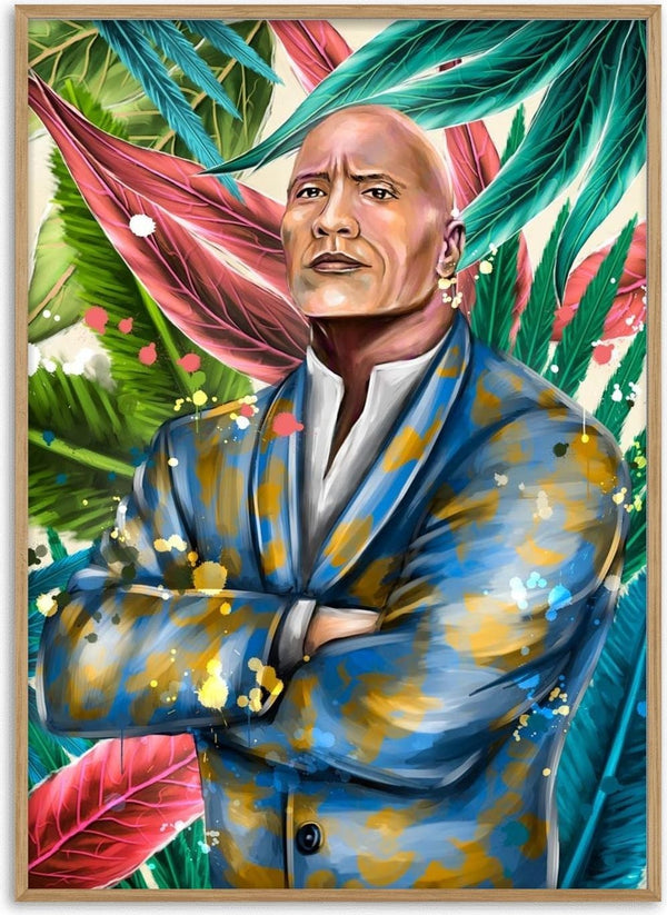 Colorful portrait of The Rock in a suit, with crossed arms, set against vibrant tropical leaves.
