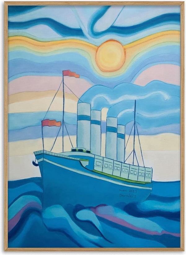 The Steamboat by Gerard Ceulemans - pastel drawing of a blue four-funnel steamship on rolling waves under a pale sun