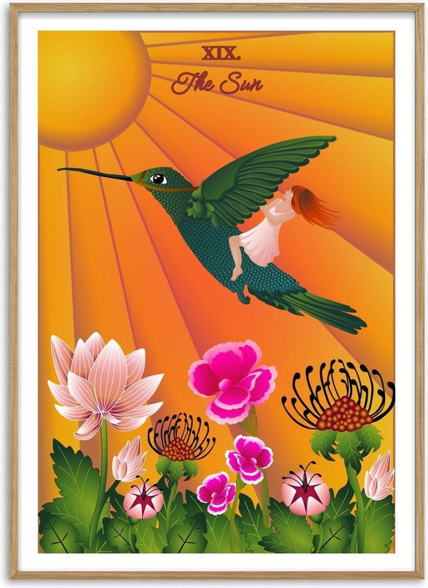 The Sun by Sciurus tarotus - a green hummingbird carrying a girl across an orange sky above flowers