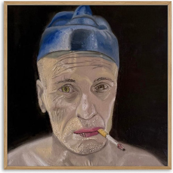 The superhero's break by Enrico - a man in a soft blue cap smoking against a black ground