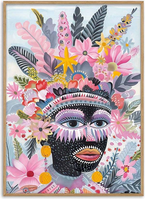 Colorful portrait from The Tribe Called Art - Vincent V., featuring a face with floral and botanical headdress.