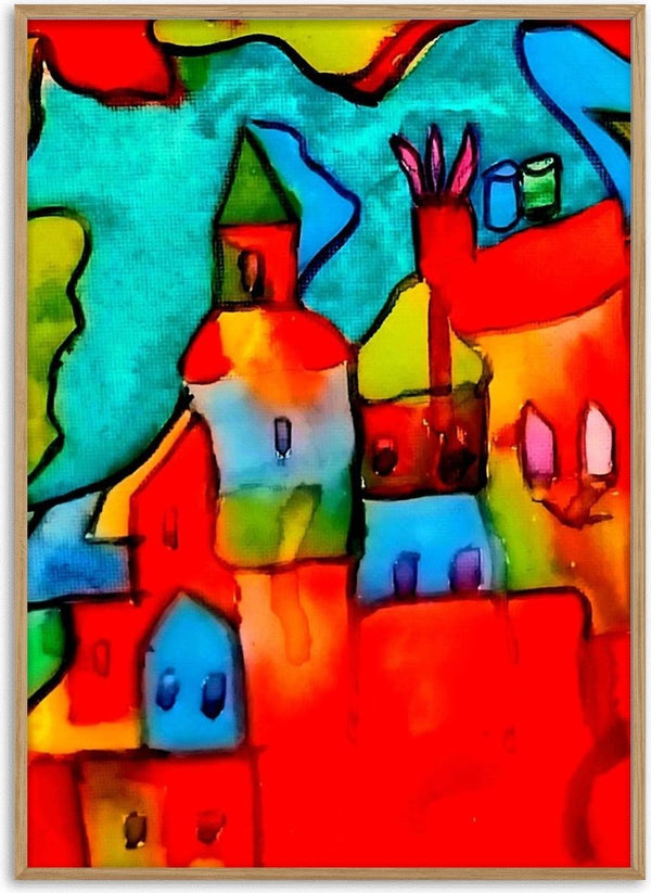 The Village by Nittaart - stacked houses and a church tower in red, orange and turquoise