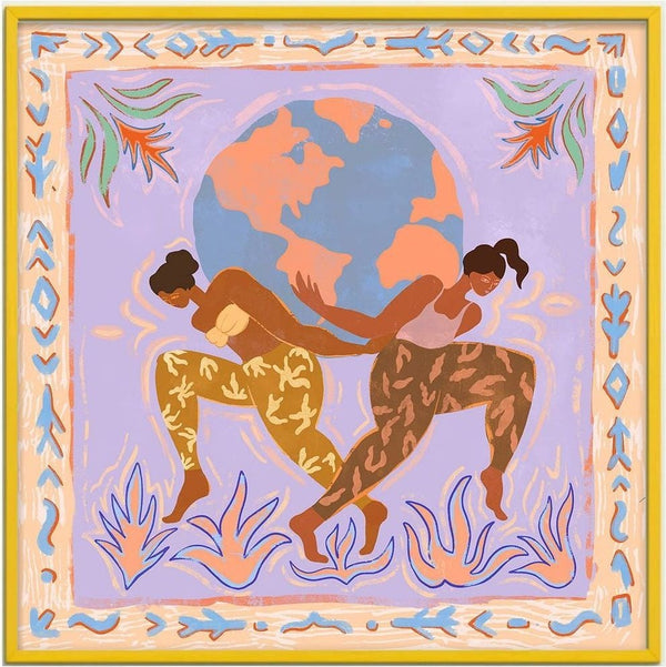 Two women support a large globe together, surrounded by abstract patterns and earthy plants on a pastel background.