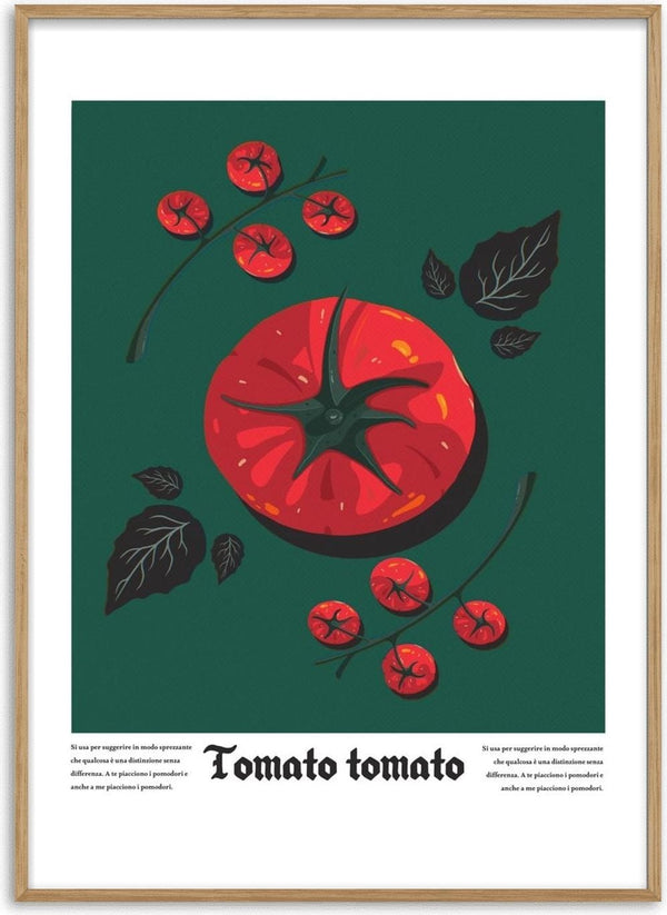 Tomato Tomato by Jakob Falkenberg - halved red tomato and cherry tomatoes on a deep green background