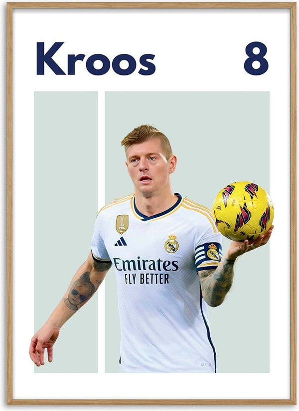 Toni Kroos in Real Madrid jersey holding a football, poster with his name and number 8.