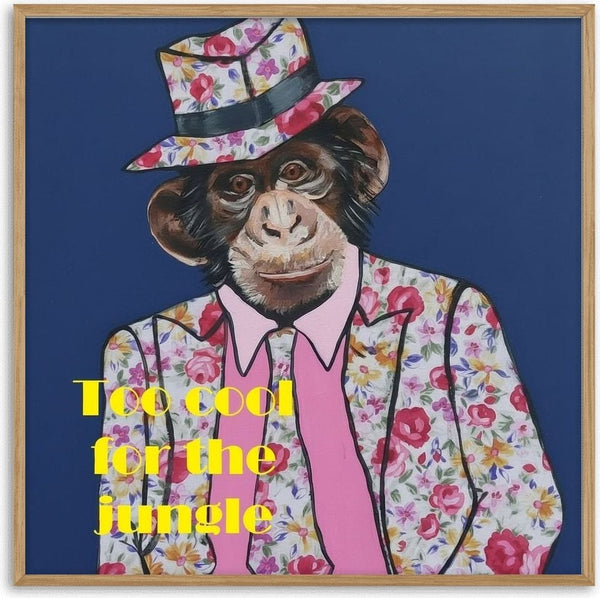 Too cool for the jungle! by creatievananne - a chimpanzee in a floral suit and hat on deep blue