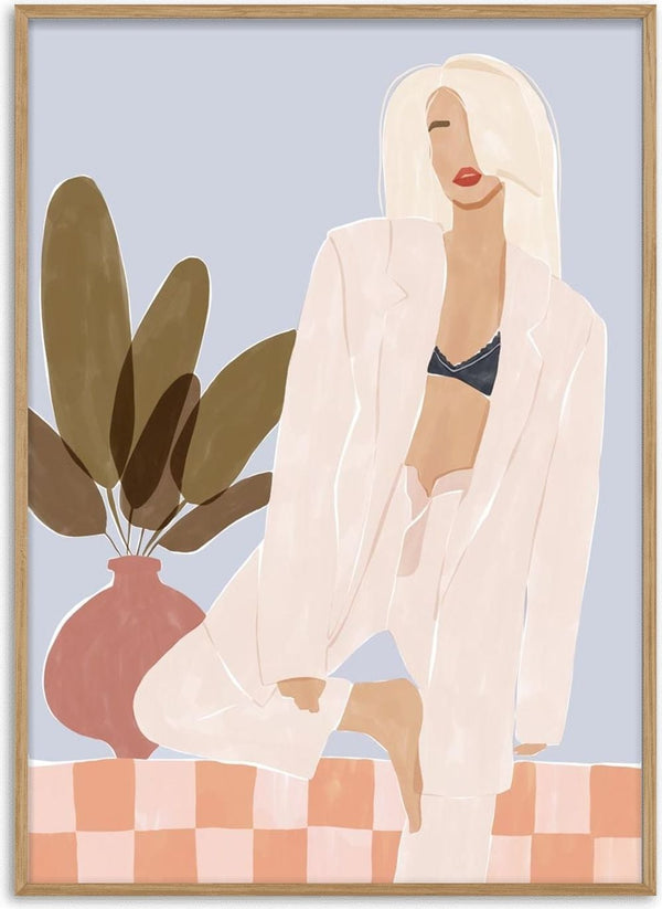 Abstract illustration of a woman in loungewear with a plant in the background, promoting Too Lazy To Yoga - Ivy Green.