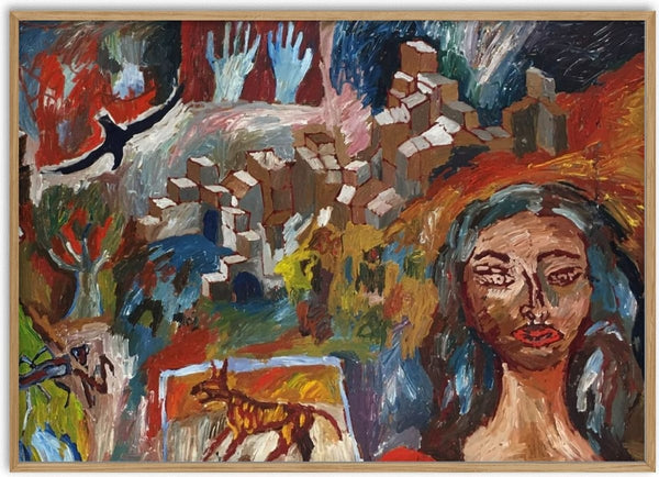 Torn between lovers by Will Black - a woman's face beside a hillside of brown and white blocks