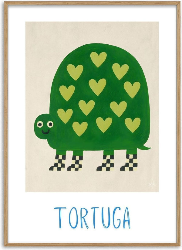 Tortuga by Interiorisla - a green tortoise with yellow hearts and chequered boots on cream