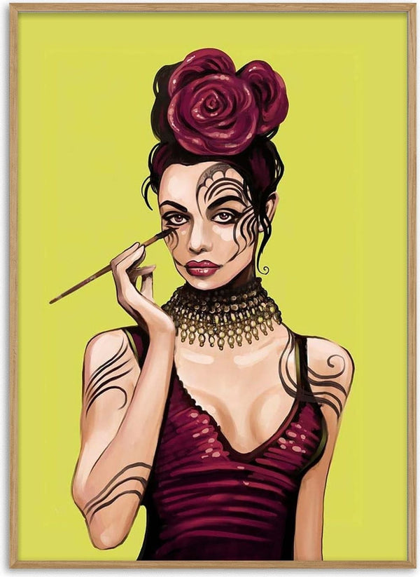 Artistic portrait of a woman with rose hair, ornate makeup, and jewelry, applying eyeliner; Touche - Kate Aitana.