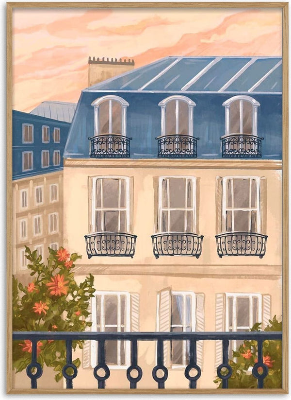 Illustration of a Parisian townhouse with iron balconies, large windows, and flowers under a pastel sky.