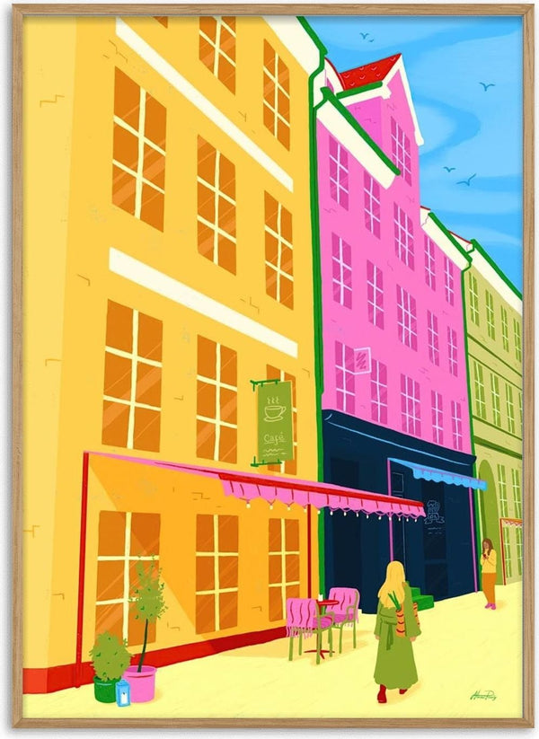 Colorful street scene with tall buildings, outdoor tables, and a person walking; art from Under Blue Sky by Nanna Paavig.