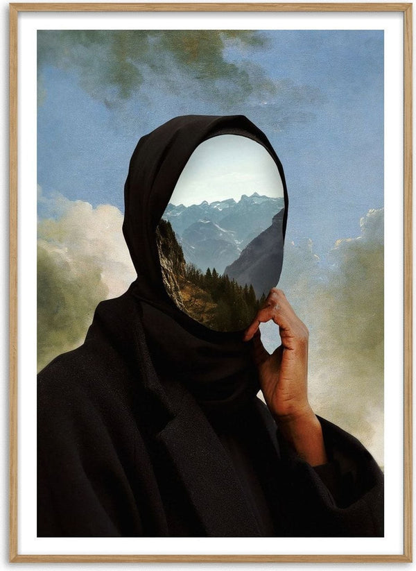 The Mountain Within by Fran Rodriguez - a black-robed figure whose face opens onto snow peaks and pine forest
