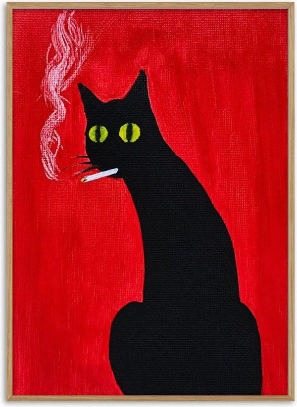 Vadim by Zhan Snow - a black cat with yellow-green eyes smoking a cigarette against a flat red ground