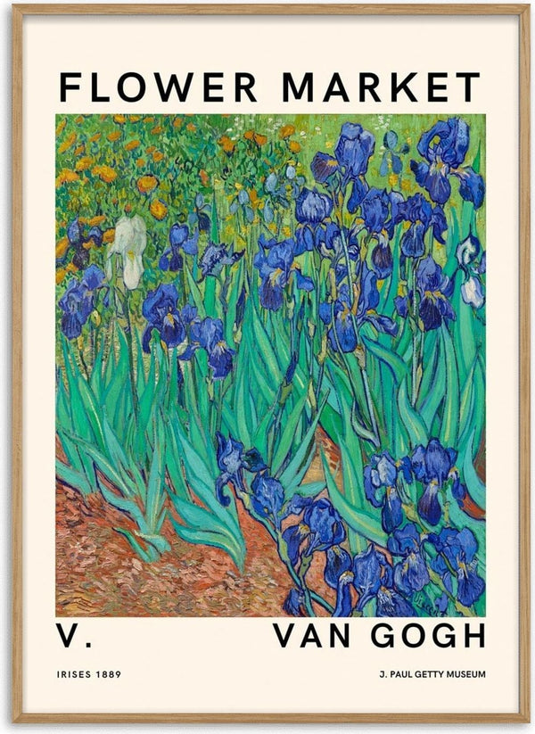 Poster of Van Gogh's irises painting with text: Flower Market, V. Van Gogh, J. Paul Getty Museum, Irises 1889.