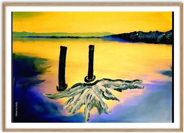 VERLORENE FLÜGEL BEI ZWEI PFÄHLEN IM SEE by Dieter de Harju - two black posts and a pale wing on a yellow lake