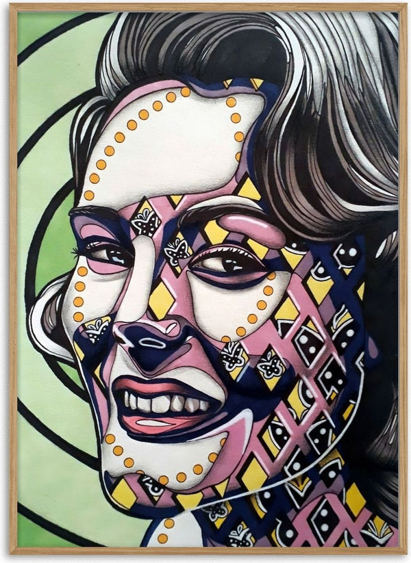 Vertigo by Okiana - a face broken into pink, navy and yellow panels on pale green