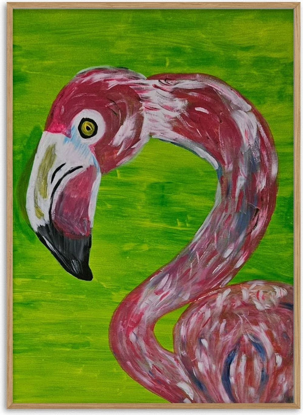 Vibrant Flamingo by Bibi - a rose and crimson flamingo against a bright green ground