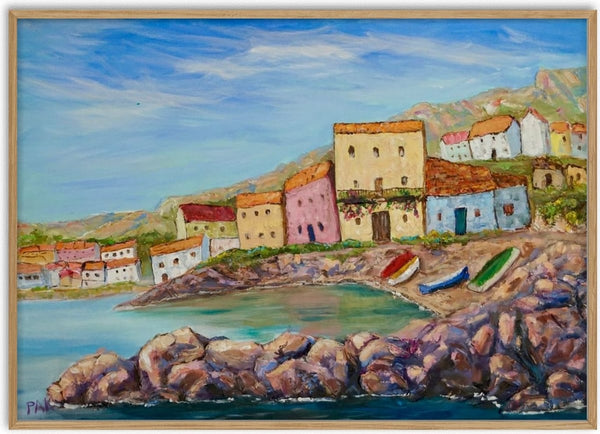 View of La Azohía village by PaKart - houses above a rocky shore with boats and green hills