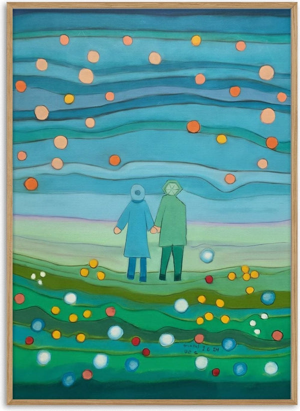 Walking in the Evening by Gerard Ceulemans - pastel drawing of a couple hand in hand on a dotted green meadow under a teal sky