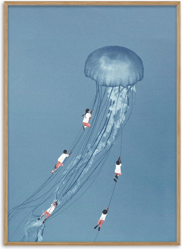 Surreal art of children in red shorts holding onto the tentacles of a giant jellyfish against a blue background.