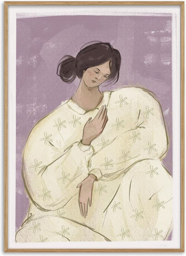 Illustration of a serene woman in a floral robe with hand on chest, featured on the Wearing Your Feelings Plakat.