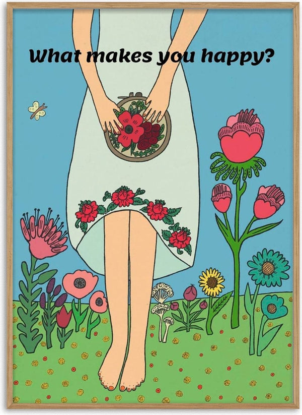 Folk illustration of a figure in a white embroidered dress holding an embroidery hoop in a flowering meadow under a blue sky.