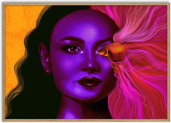 Where the Ocean Begins by Sabrina Rosenblatt - a violet face with streaming pink hair and a gold fish at the eye