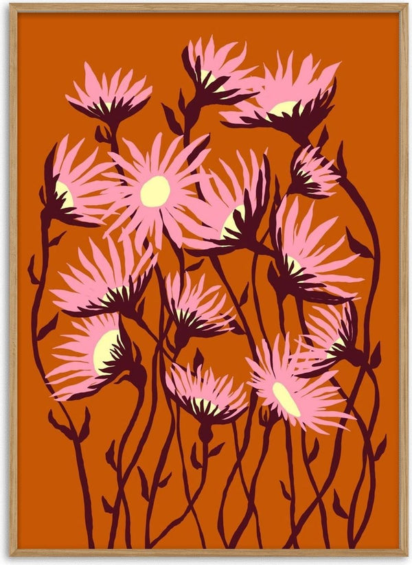 Whimsical flowers by Astrid Lind - pink flowers on dark stems against a burnt orange ground