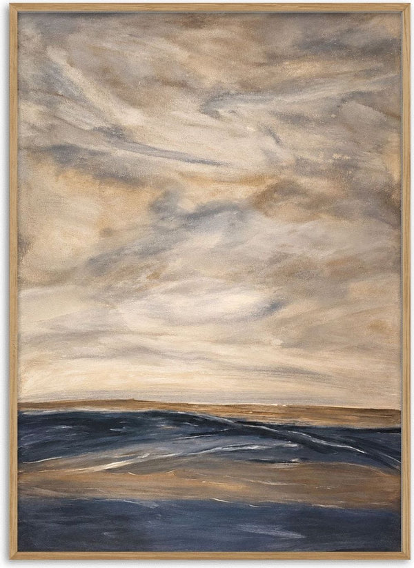 Whispers of Silence by Maya - a shoreline in ochre and grey-blue under a tall cloudy sky